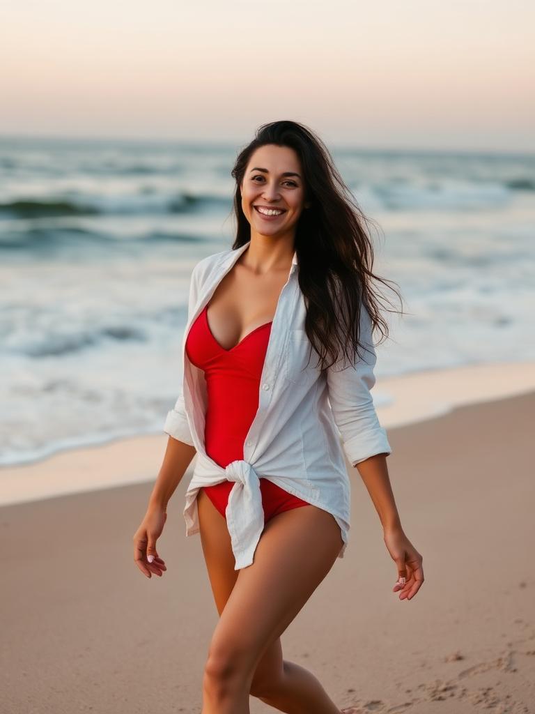 Sofia from Aiko AI walking along the shoreline at sunset